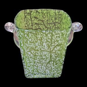 Mid Century Ice Bucket Crackle Art Glass Green Vase Mad Men Barware Vintage
